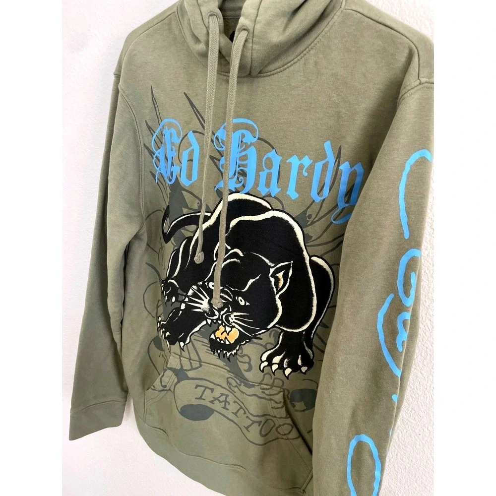 Y2K Ed Hardy Mens Small Green Panther Tattoo Graphic Hoodie‎ Sweatshirt